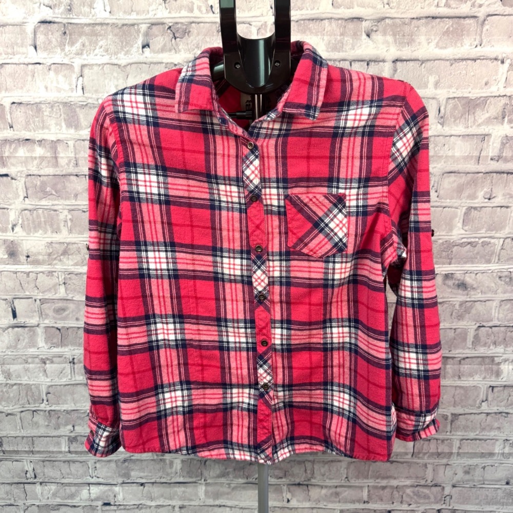 Old Mill Flannel Women's Size XL Western‎ Pink Blue Plaid Long Sleeve Roll Tab